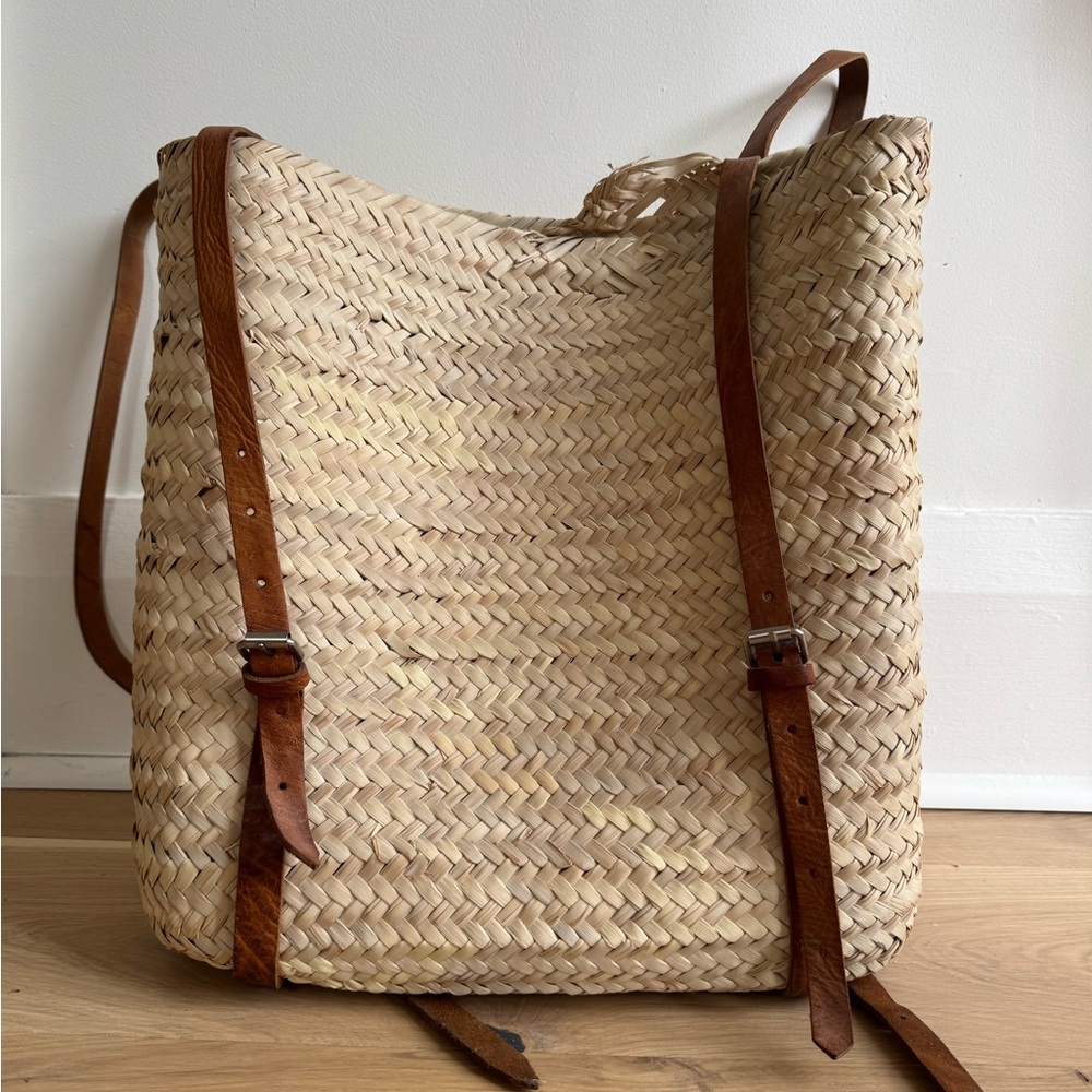 Natural Woven Backpack with Brown Straps